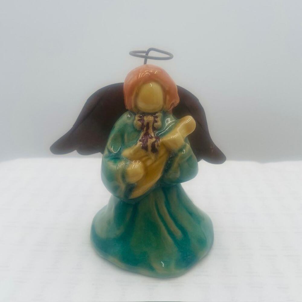 Vintage Ceramic Angel No Face Tin Wings Playing Mandolin Figurine
